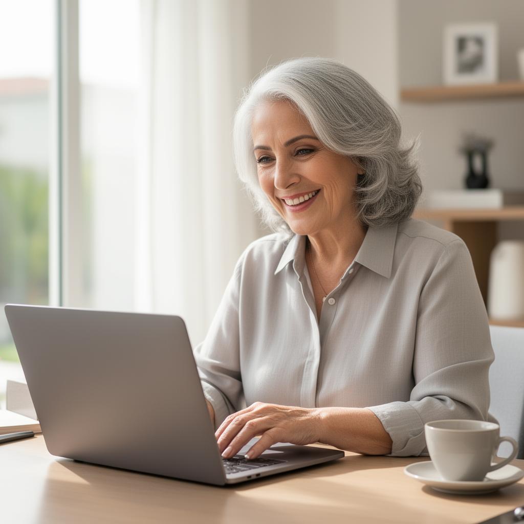 Mulher brasileira de cabelos grisalhos sorrindo enquanto usa um laptop em sua casa